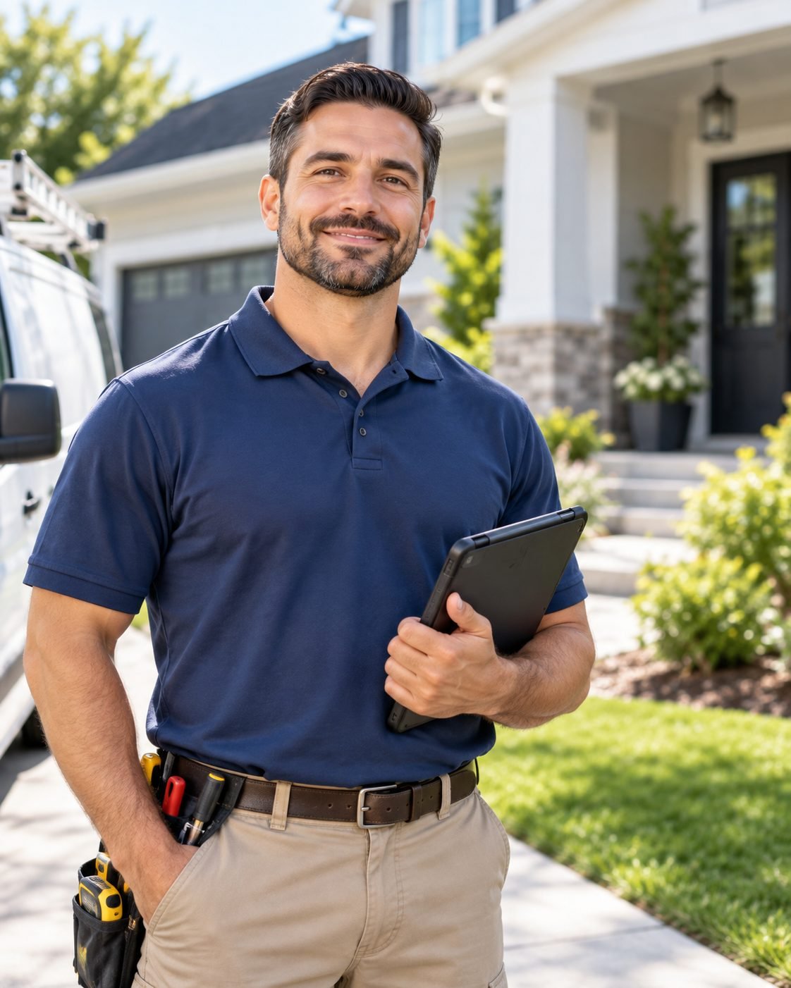 A home service professional outside a customer&rsquo;s home, holding a tablet.